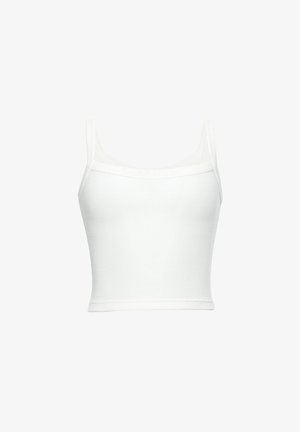 Biely ribbed crop top s tenkými ramienkami, so štvorcovým výstrihom a priliehavým strihom, vyrobený z hladkej, elastickej tkaniny.