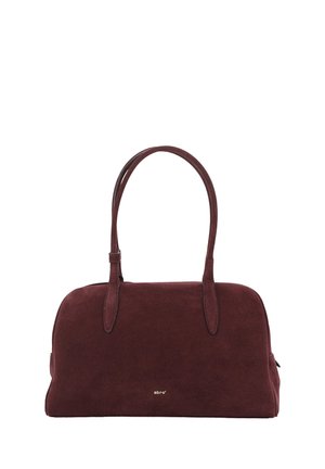 Dark brown suede handbag with two shoulder straps and a small gold brand logo centered near the bottom.