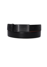 Zwarte leren riem met een gladde textuur, een rechthoekige metalen gesp met de merknaam "Venezia" en rode stikselaccenten.