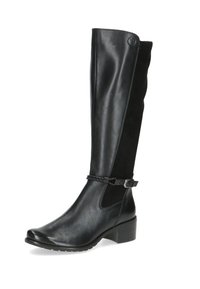 Des bottes noires arrivant au genou, en cuir et en suédé, avec une sangle tressée et un détail de boucle, et un petit talon carré.
