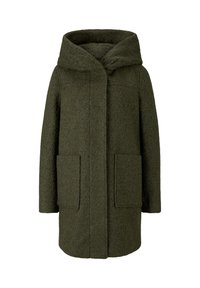 Manteau en laine texturée vert foncé avec manches longues, grande capuche et deux poches carrées à l’avant, fermeture devant dissimulée sous un panneau en tissu.