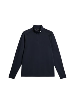 Dunkelblauer Langarmpullover mit einem Halbreißverschluss-Kragen. Verfügt über einen glatten, dehnbaren Stoff mit subtiler Textur und minimalen Designelementen.