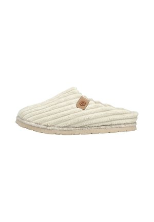Beige slip-on slipper with ribbed fabric texture and a small brown label on the side, flat sole for indoor use.