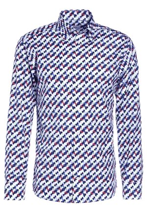 Langärmeliges Hemd zum Knöpfen mit einem mehrfarbigen geometrischen Muster in Marineblau, Weiß, Hellblau und Rot.