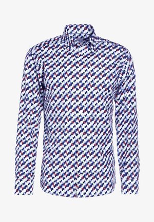 Langärmeliges Hemd zum Knöpfen mit einem mehrfarbigen geometrischen Muster in Marineblau, Weiß, Hellblau und Rot.