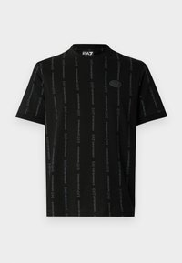 Czarny t-shirt z krótkim rękawem, z powtarzającym się wzorem logo "EA7", okrągłym dekoltem i miękką tkaniną o gładkiej fakturze.