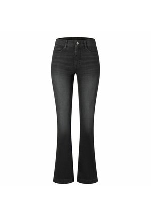 Zwarte spijkerbroek met flare en hoge taille, voorzien van subtiele slijtage, vijf zakken en een metalen knoopsluiting.