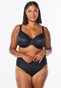 Black bra with lace trim and padded cups, featuring adjustable straps. High-waisted black panties with floral lace accents on the sides.