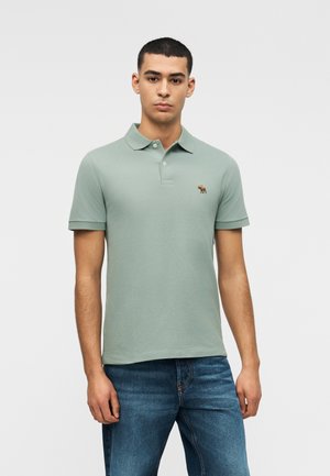 Junger Mann trägt ein hellgrünes Poloshirt mit einem kleinen Tierlogo auf der Brust und blaue Jeans, steht vor einem schlichten Hintergrund.