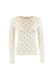 Pulover tricotat de culoare crem cu decolteu în V, având un design cu model în argint și accente aurii pe gât și manșete.