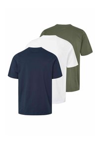 Tre ensfargede T-skjorter med korte ermer stablet oppå hverandre, sett bakfra i marineblå, hvit og olivengrønn farge.