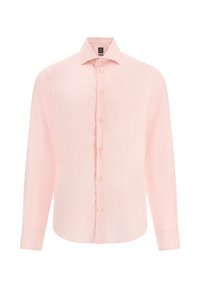 Jasnoróżowa koszula z długim rękawem, z kołnierzykiem zapinanym na guziki, z delikatnym wzorem w paski i beżowymi guzikami z przodu.