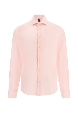 Jasnoróżowa koszula z długim rękawem, z kołnierzykiem zapinanym na guziki, z delikatnym wzorem w paski i beżowymi guzikami z przodu.