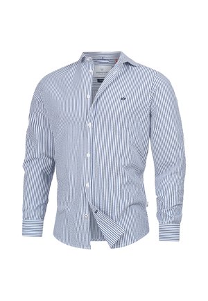 Kék és fehér csíkos, hosszú ujjú ing, gombos gallérral, elöl gombokkal és logóval a mellkason. Pamut anyag.