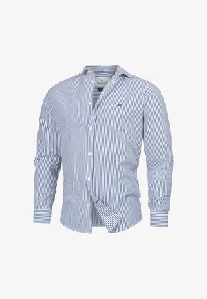 Kék és fehér csíkos, hosszú ujjú ing, gombos gallérral, elöl gombokkal és logóval a mellkason. Pamut anyag.