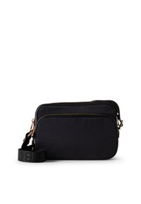 Sac bandoulière noir avec une finition texturée, doté de deux compartiments zippés et d'une bandoulière détachable avec des détails de logo.