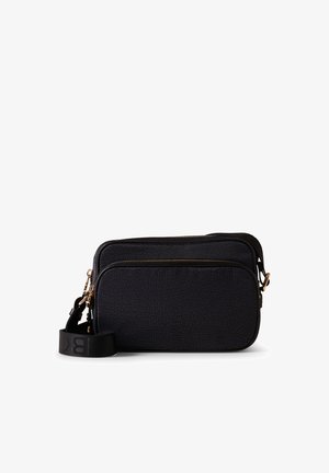 Sac bandoulière noir avec une finition texturée, doté de deux compartiments zippés et d'une bandoulière détachable avec des détails de logo.