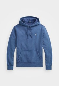 Felpa con cappuccio blu in tessuto morbido, con cappuccio regolabile con cordoncino, tasca a marsupio, polsini a coste e piccolo logo sul petto.