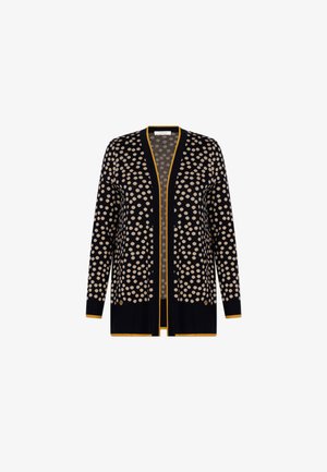 Cardigan nero con pois beige, con apertura frontale, maniche lunghe e bordi gialli. Tessuto a maglia morbida e stile casual.
