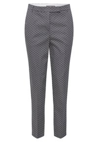 Pantalon à motifs à coupe ajustée, présentant des nuances de bleu marine et de gris dans un imprimé géométrique, fabriqué en tissu léger.