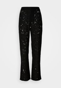 Pantaloni in pizzo nero con motivo floreale, design a gamba larga e texture morbida. Presenta una vita elastica e una silhouette fluida.