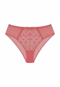Różowe majtki hipster z siateczki z haftowanym wzorem kwiatowym, centralną kokardką i ząbkowanymi brzegami. Przezroczysty materiał o miękkiej fakturze.