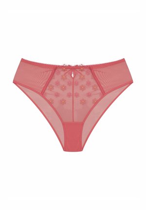 Pink mesh hipster panties with embroidered floral pattern, central bow detail, and scalloped edges. Translucent fabric with soft texture.