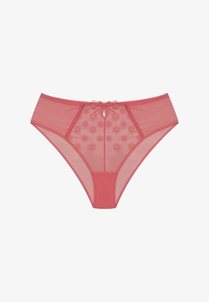Pink mesh hipster panties with embroidered floral pattern, central bow detail, and scalloped edges. Translucent fabric with soft texture.