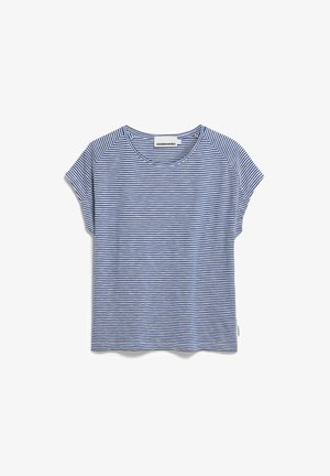 T-shirt a righe blu e bianche con maniche corte, colletto rotondo, tessuto morbido e orlo dritto. Presenta un’etichetta sul lato sinistro inferiore.