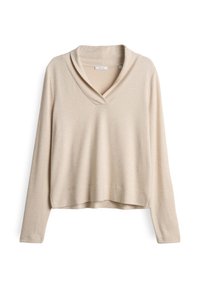 Beige lange mouwen trui met een brede, omgeslagen kraag, zachte textuur en een relaxte pasvorm, met een cropped zoom en minimalistische details.