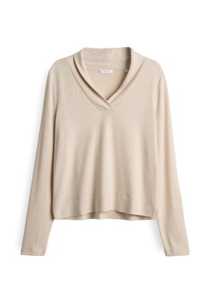 Beige lange mouwen trui met een brede, omgeslagen kraag, zachte textuur en een relaxte pasvorm, met een cropped zoom en minimalistische details.