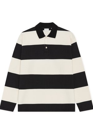 Μακρυμάνικο πόλο μπλουζάκι με μαύρες και κρεμ ρίγες, γιακά, τρία κουμπιά στο εμπρός μέρος και μικρή διακοσμητική λεπτομέρεια κοντά στον γιακά.