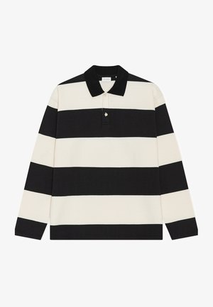 Mustavalkoraidallinen pitkähihainen poolopaita, jossa kaulus, kolmipainikkeinen nappilista ja pieni koristekaulusdetaili lähellä kaulusta.