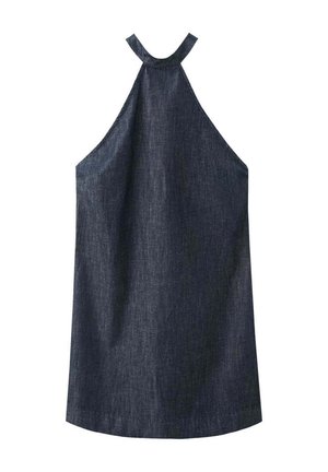 Top sin mangas de denim oscuro con cuello halter alto y corte recto y suelto.