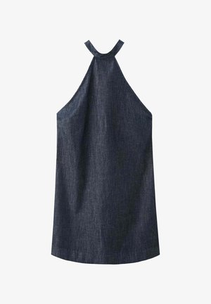 Top sin mangas de denim oscuro con cuello halter alto y corte recto y suelto.