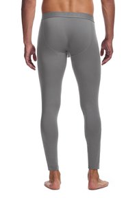 Graue Leggings aus dehnbarem Material, mit einer glatten Textur und figurbetontem Schnitt, ausgestattet mit einem Markenbund und knöchellangem Schnitt.