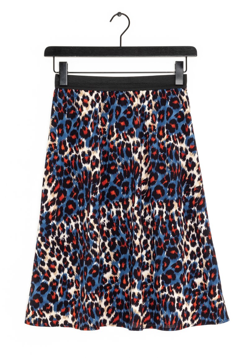 Leopardikuvioinen hame sinisessä, punaisessa ja beigen värissä; sisältää mustan joustovyötärön ja liehuvan siluetin. Valmistettu kevyestä kankaasta.