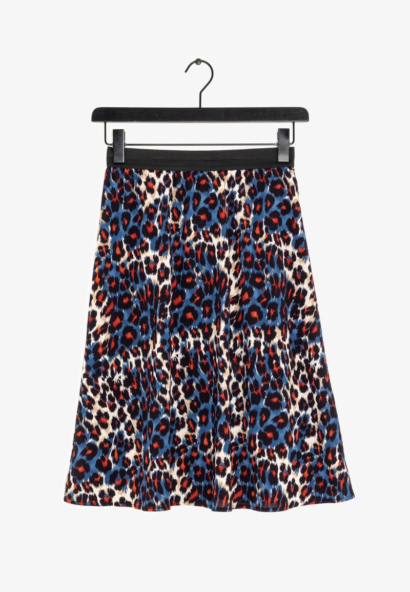 Leopardikuvioinen hame sinisessä, punaisessa ja beigen värissä; sisältää mustan joustovyötärön ja liehuvan siluetin. Valmistettu kevyestä kankaasta.