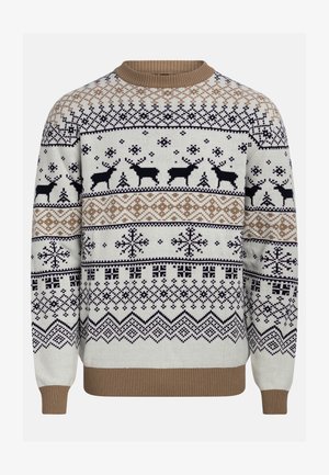Maglione lavorato a maglia in crema con accenti blu navy e beige. Presenta motivi di renne e fiocchi di neve su uno sfondo geometrico. Collo e polsini a costine.
