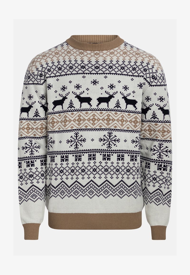 Knitted sweater in cream with navy blue and tan accents. Features patterns of reindeer and snowflakes on a geometric backdrop. Ribbed collar and cuffs.
