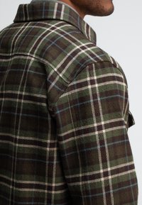 Groene en bruine geruite flanellen overhemd met een kraag, met witte en lichtblauwe lijnen. Gestructureerde stof met zichtbare stikdetails.