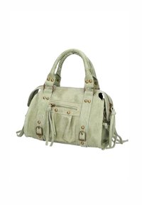 Groene suède handtas met een ronde vorm, metalen accenten en ritsdetails. Voorzien van dubbele bovenhandvaten en zijtassels.