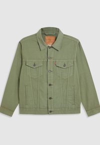 Chaqueta de mezclilla verde con cuello, dos bolsillos en el pecho, cierre delantero de botones y detalles de canesú en la parte delantera y trasera. Acabado de tela texturizada.