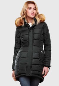Black puffer jacket with a detachable fur hood. Features a slim fit, stitched pattern, and two zippered pockets. Soft exterior fabric.