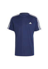 Navy blue polyester t-shirt with a round neck, short sleeves, and white three-stripe design along the shoulders, featuring a small logo.