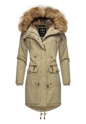 Beige parka jacket with faux fur hood, drawstring waist, front zip, and two large pockets. Features brown accents and ribbed cuffs.