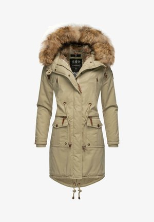 Beige parka-jack met een nep-bont capuchon, trekkoord in de taille, een rits aan de voorkant en twee grote zakken. Voorzien van bruine accenten en geribde manchetten.
