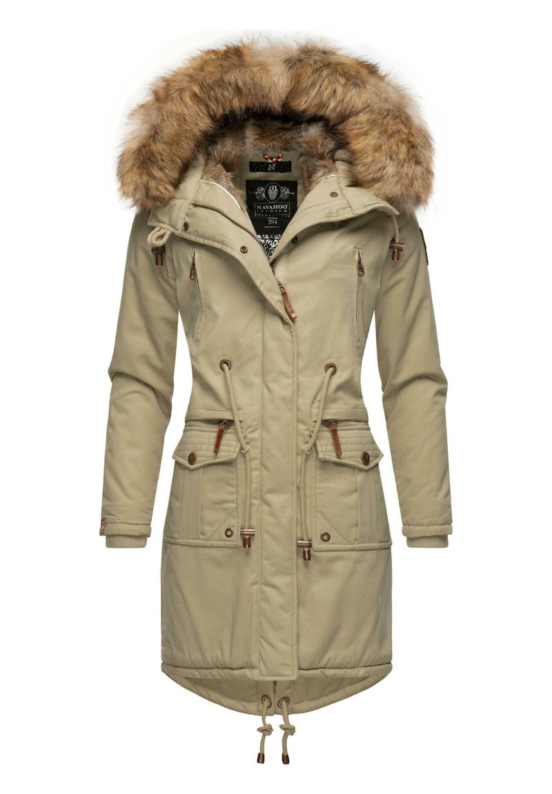 Beige parka jacket with faux fur hood, drawstring waist, front zip, and two large pockets. Features brown accents and ribbed cuffs.