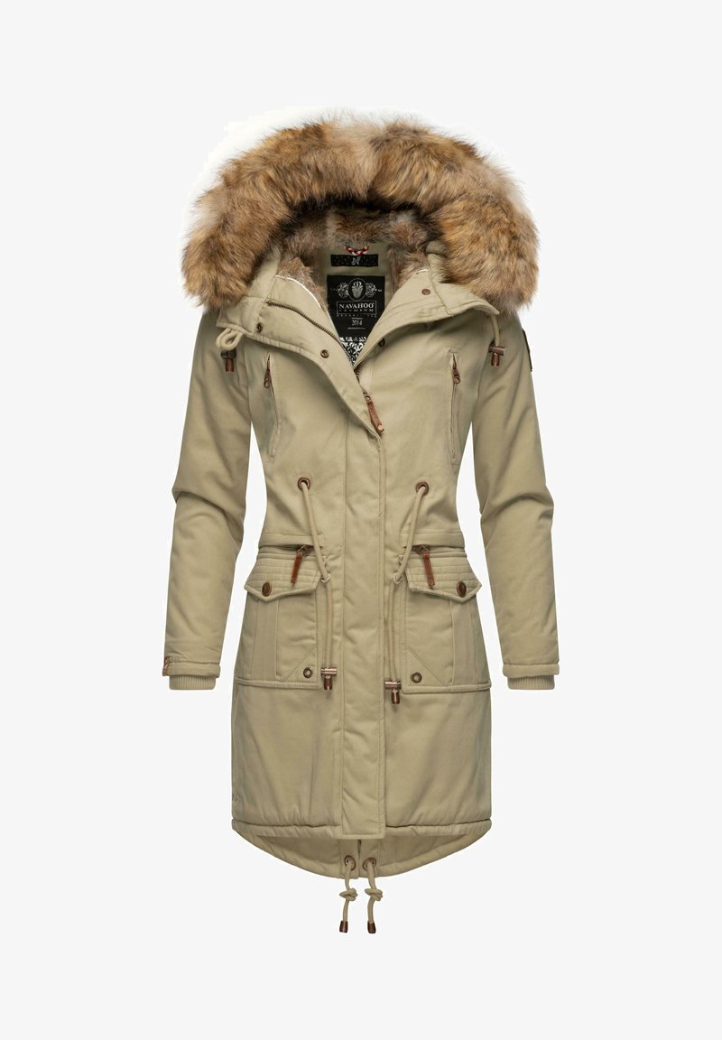 Beige parka jacket with faux fur hood, drawstring waist, front zip, and two large pockets. Features brown accents and ribbed cuffs.