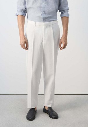 Uomo che indossa pantaloni bianchi plissettati, camicia azzurra a maniche lunghe arrotolate e scarpe nere senza lacci, in piedi su pavimento grigio.